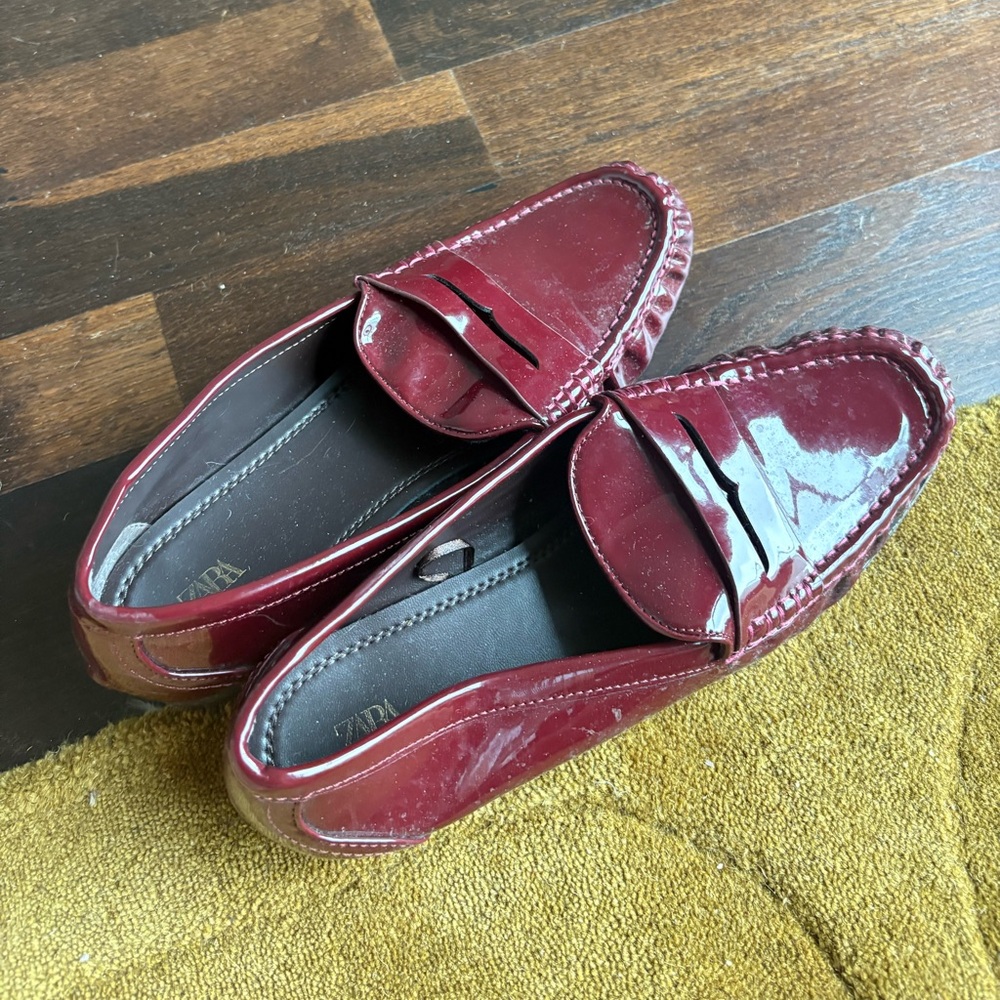 Zara Women's Burgundy Patent Penny Loafers size 39